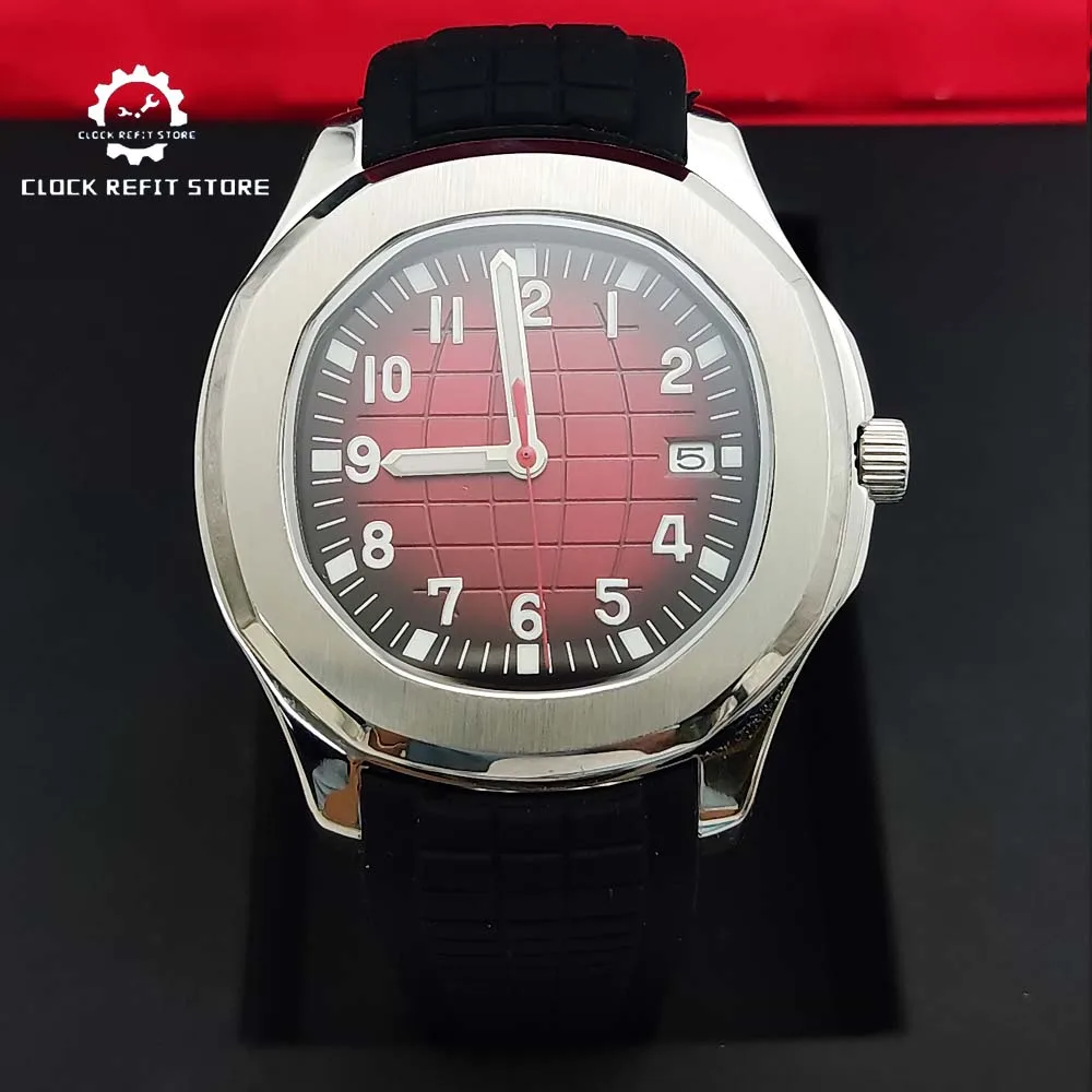 Men's New Watch Gradient Red Dial Black Comfort Strap NH35 Automatic Mechanical Movement Transparent Glass Back Wristwatch