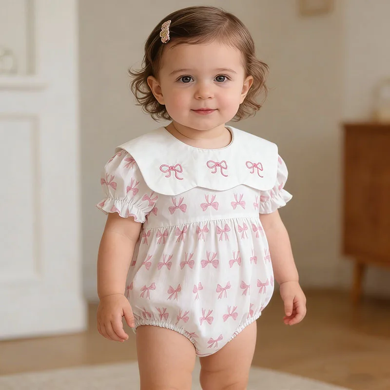 

Girls Onesie 2026 Spring and Summer New Childrens Clothes Korean Style Girls Baby Sweet Bow Print Thin Princess Onesie