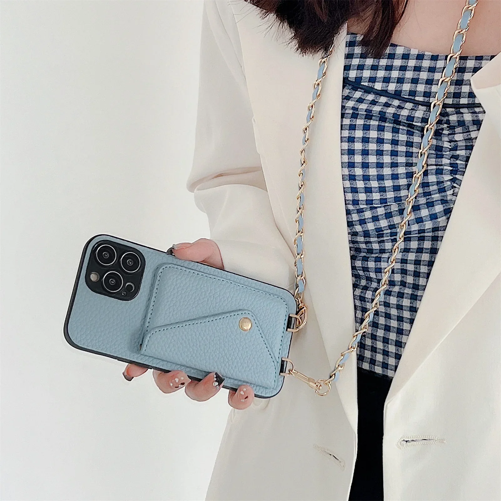Telefoonhoesje met crossbody-tas, kaarthouder en kettingriem voor iPhone 17 Air 16 15 14 13 12 11 Pro Max XR XS 8 7