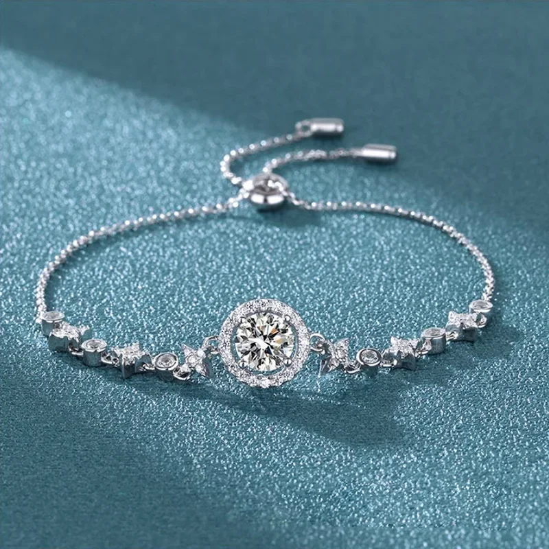 

1 Carat Real Moissanite Bracelet Star Moon Brilliant Charm Bangle 925 Solid Silver Hand Chain Jewelry Pass Diamond Tester