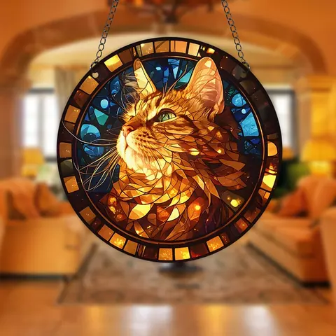 Cat Acrylic Suncatcher Round Signs for Home Garden Living Room Decor Stained Window Hanging Pendant Wall Art Ornament Gifts