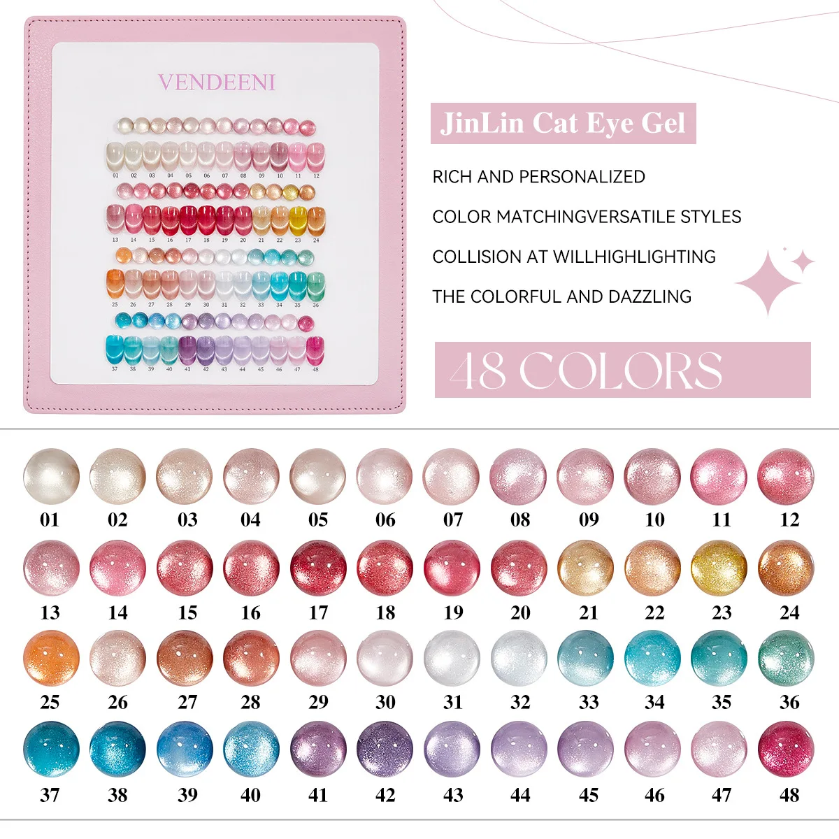 Vendeeni 48 Colors Koi Cat Eye Gel Polish Set With Pink Leather Color Board Star River Crystal Magnetic Gel 15ml Magnet Varnish