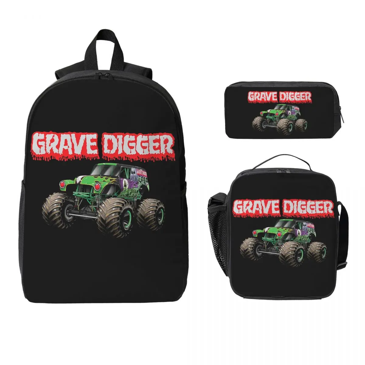 

Classic Monster Jam Pattern Backpack Boys Girls BookBag School Bag Computer Shoulder Bags 3ps Insulated Lunch Bag Pencil Case