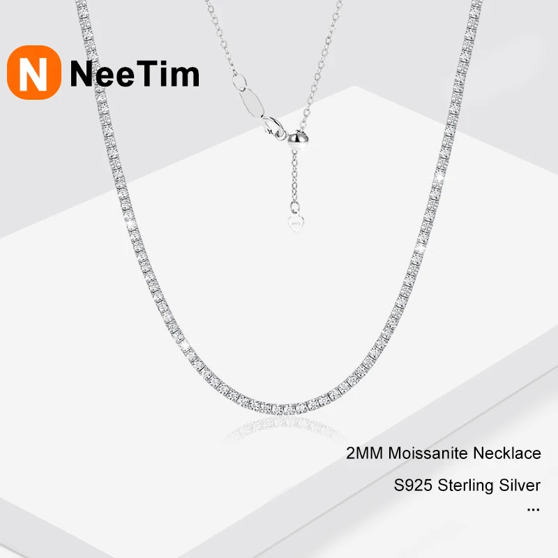 NeeTim 2mm D Color All Moissanite Tennis Necklace for Women Adjustable Choker Chain 925 Sterling Silver with Gold Plated Jewelry