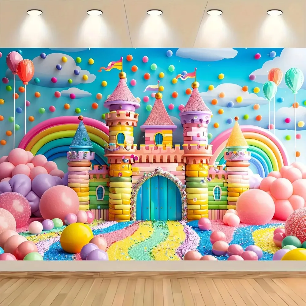 Fantasy-Märchenland Regenbogen-Schloss Banner Hintergrund, Kinder-Prinzessinnen-Geburtstagsparty Dekoration Fotografie-Kulisse