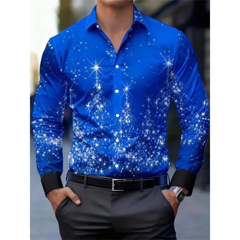Galaxy Sparkle Long Sleeve Shirt Men Blue Star Print Button Up christmas Shirt Cosmic Gradient Night Party Casual Fashion Top