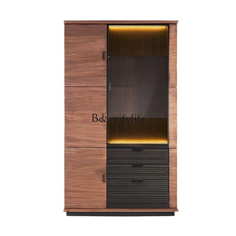 

High-End Black Walnut Double Door Wine Cooler Modern Minimalist Solid Wood Glass Curio Cabinet