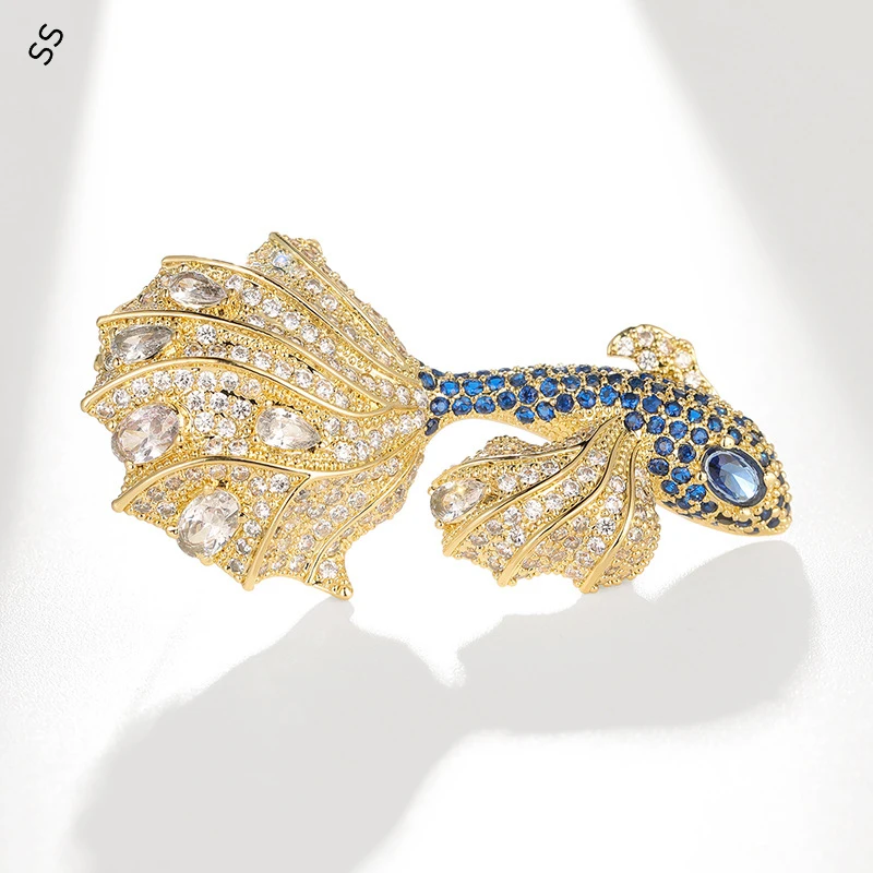 Premium Heavy Goldfish Brooch Colorful Full Zircon Corsage Atmospheric Clothing Accessories Gift Pin 14K Gold Plated Copper