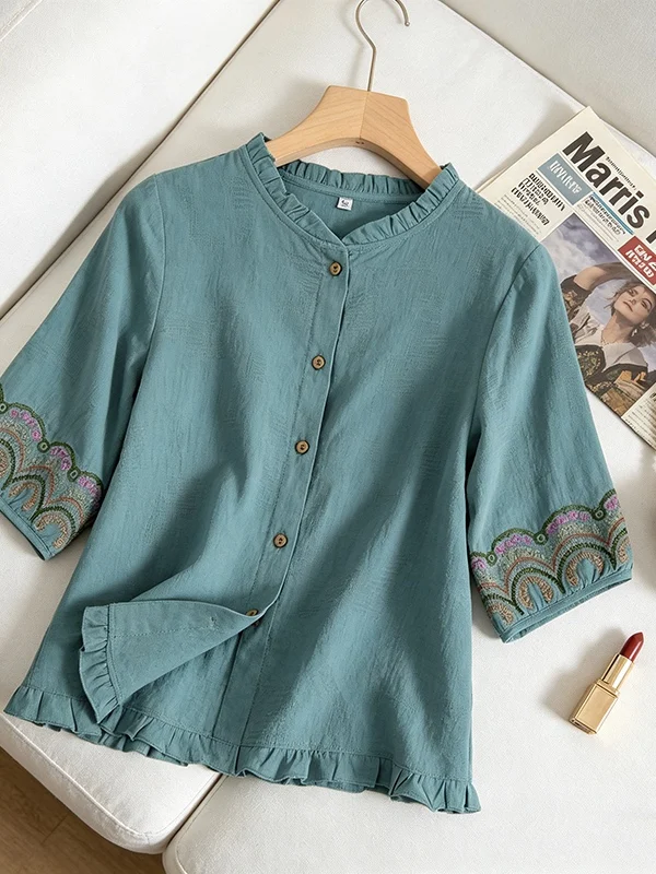 

plus Size Women's Summer New Style Embroidered Short Sleeve Loose Fit Shirt Cover Belly Versatile Slimming Top Korean Style