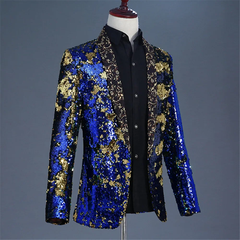 Blazer con paillettes blu Royal e oro giacca da uomo con colletto a scialle mostra Nightclub Bar DJ Singer Host Stage Wear