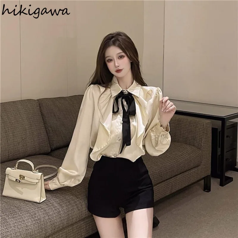 White Blouse Women Clothing Long Sleeve Bow Loose Shirts 2024 Blusas Mujer De Moda Turndown Collar Vintage Fashion Blouses Tops