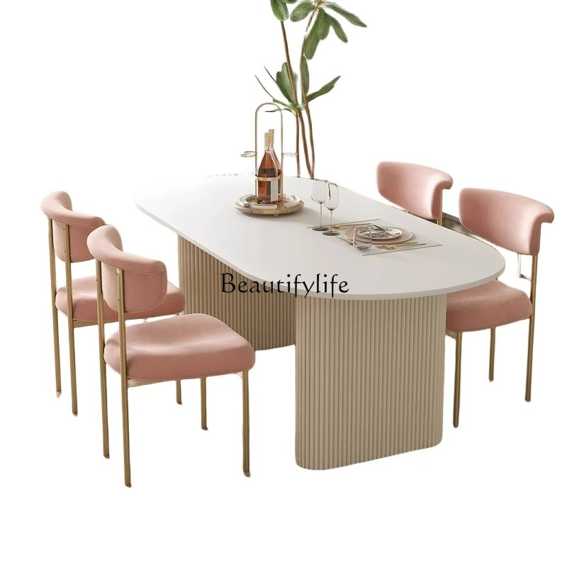 

Cream Style Home Use Rock Plate Oval Dining Table Small Apartment Modern Minimalist Pure White