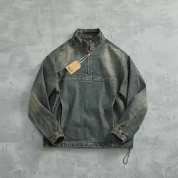 High Street American Denim Tops Men's Spring Autumn Vintage Distressed Washed Pullover Jacket Loose INS Stand Up Collar Coats