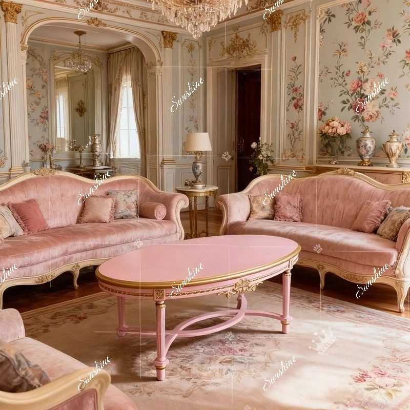 French solid wood pink oval coffee table luxury villa living room palace carving customization