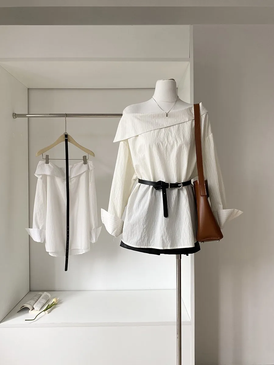 

2026 New Korean Style Summer Fashion Design Cool Elegant Lazy Shirt Top Women's Loose Polyester Fiber Long Sleeve One-Shoulde...