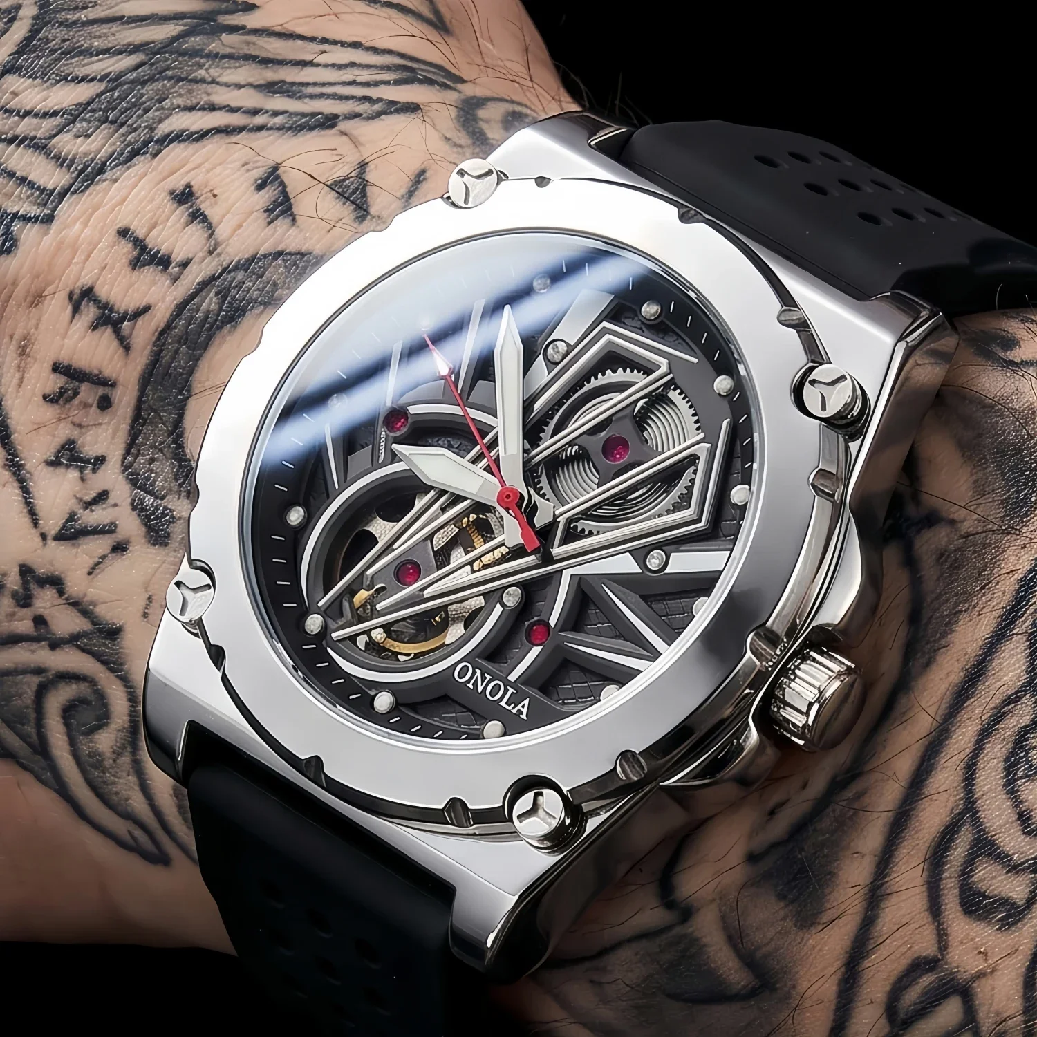 ONOLA 3882 New Design Automatic Movement Full Skeleton Gear Dial Breathable Perforated Silicone Strap Mechanical Watch for Man