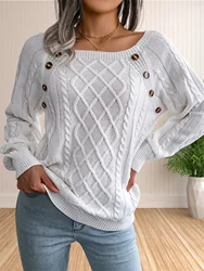 Women's Sweaters Casual Cable Knit Sweater Button Decor Long Sleeve Pullover Knitwear Crewneck Jumper Top