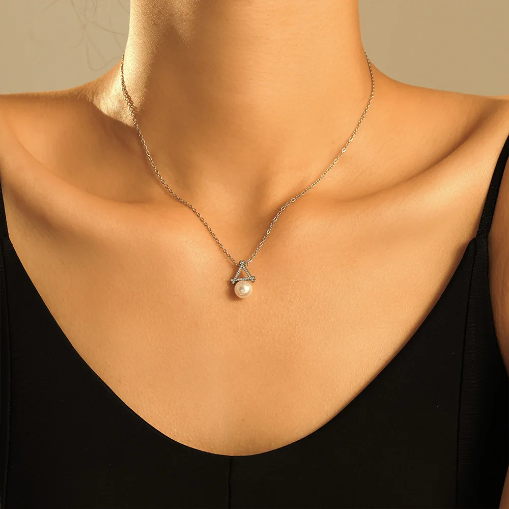 Elegant Imitation Pearl Necklace For Women 316L Stainless Steel Link Chain Rhinestone Triangles Collar Choker Fashion Jewelry