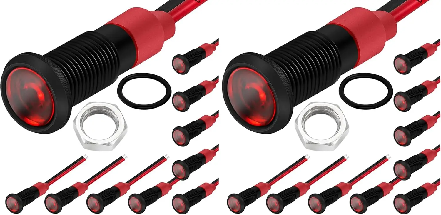 

12V Red LED Indicator Light IP67 Waterproof Aluminum Marine Black Bezel with Wire Leads - 10pcs (Pack of 2)