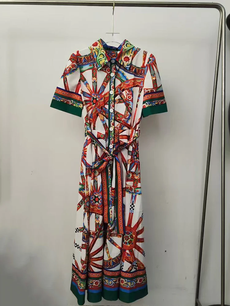 Retro positioning geometric print lapel strap waist dress 2026 summer women's fashion loose straight short-sleeved shirt dress