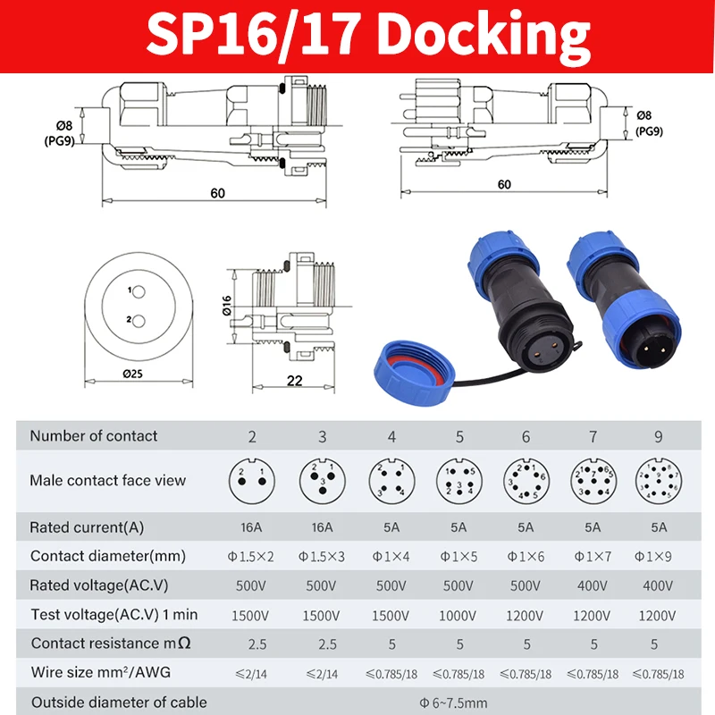 SP16 SP17 IP68 Waterproof Connector 2pin 3pin 4pin 5pin 7pin 9pin 10pin Rear Nut Flange Docking Aviation Plug Socket Circular