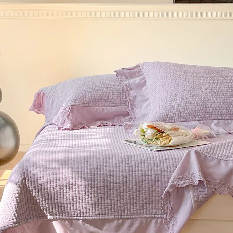 Quilted Bedspread with Lace Trim Queen Size 3-Piece Set Elegant Quilt 100% Cotton Thicken Sheet, Summer Lightweight Bedding
