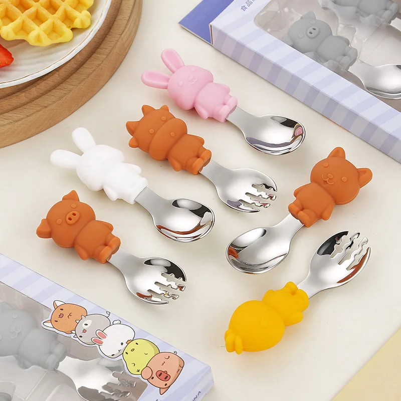 304 stainless steel children's tableware silicone cartoon spoon fork two-piece set baby feeding spoon