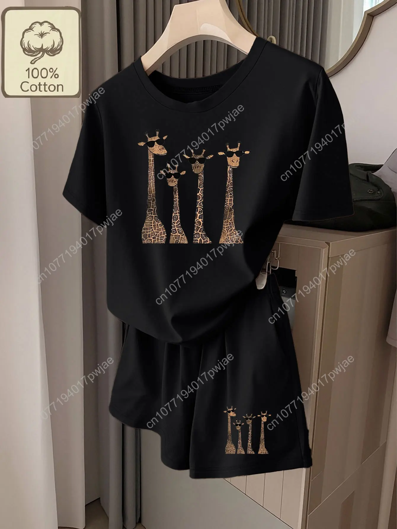 

Женский повседневный пижамный комплект с мультяшным принтом жирафа, топом с круглым вырезом и короткими рукавами и шортами с карманами, удобная домашняя одежда для