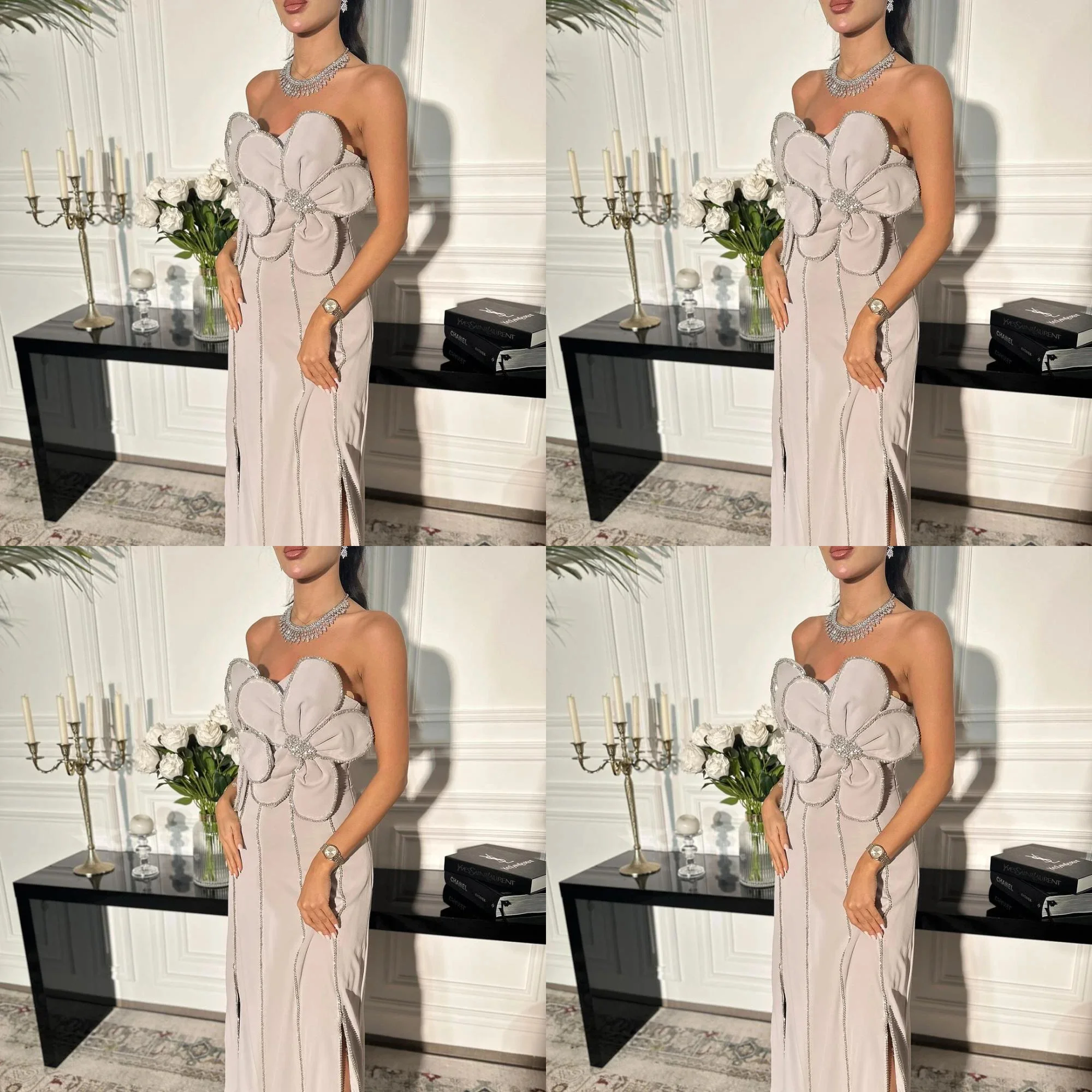 

فساتين سهره Boat Collar Shiny Floral Sheath Saudi Arab Dress Long Backless Evening Gown for Women Customized
