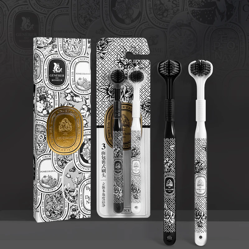 Black and white three-sided brush head with soft bristles for travel and business trips, portable 2-piece gift box