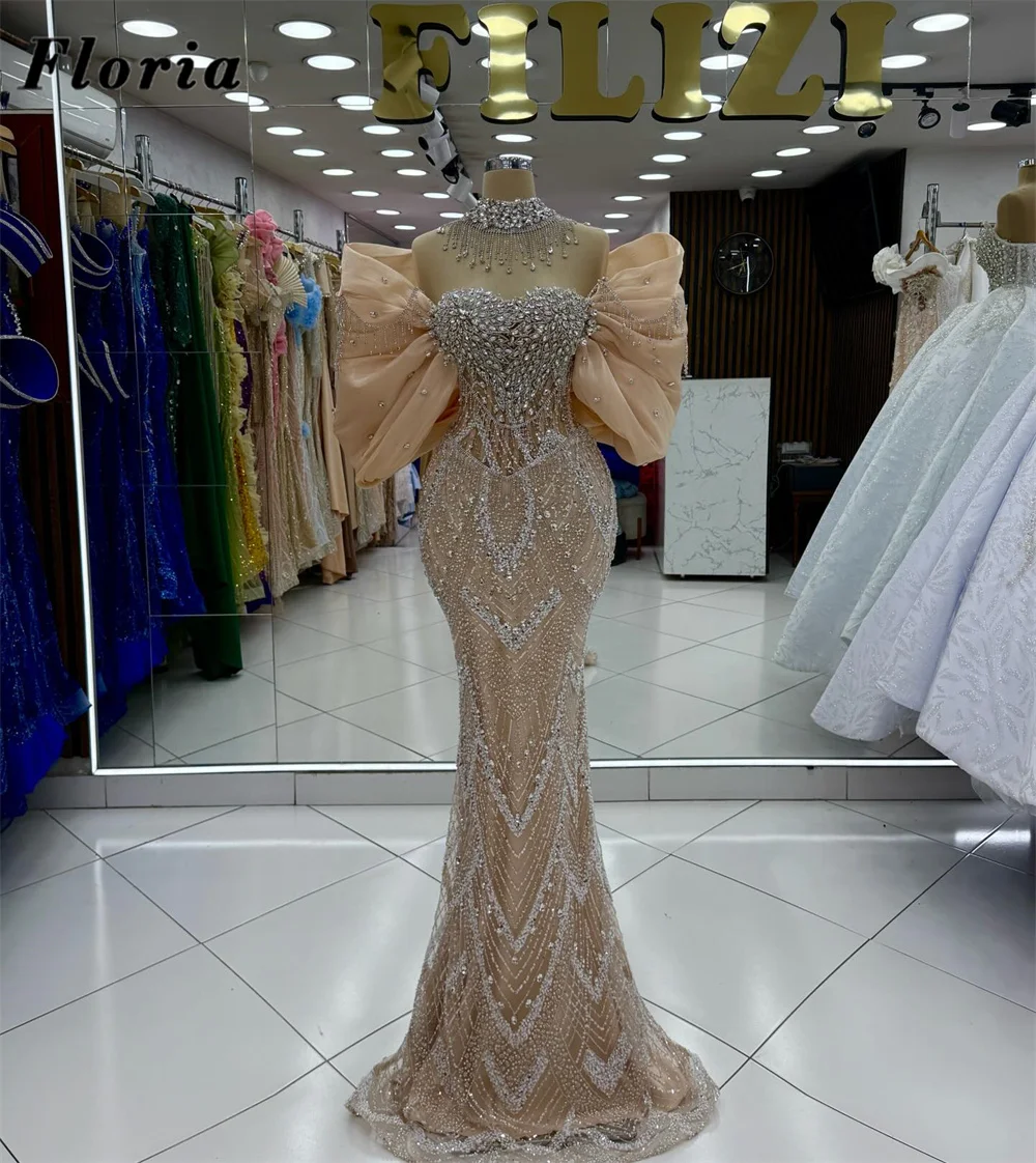 

Elegant Off Shoulder Prom Dresses Arabic Dubai Sheer Neck Mermaid Evening Dress Robes De Soiree Beading Party Gowns Customized