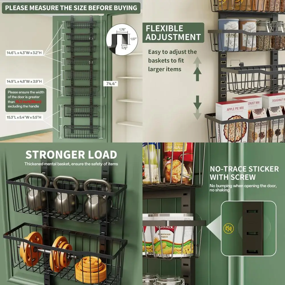 

8-Tier Metal Kitchen Pantry Organizer with Adjustable Baskets, Over-the-Door Storage Rack for Seasonings (Black)