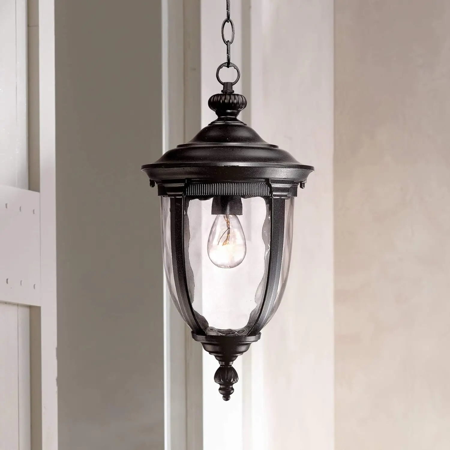 Bellagio European Outdoor Ceiling Light Hanging Texturized Black 18 Clear Hammered Glass Damp Rated Exterior House Porc