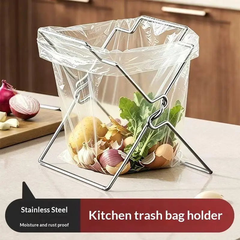 Foldable Stainless Steel Trash Bag Holder Light Weight Portable Countertop Organizer for Kitchen Road Trip Camper Van Use