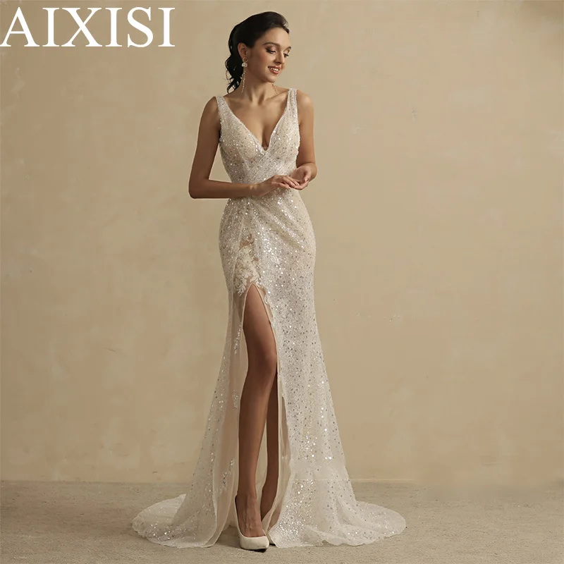 

Simple Wedding Dresses For Women 2022 Bride Mermaid Robe De Soire De Mariage V-neck Sleeveless Backless High Side Slit