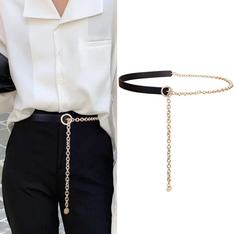 Thin Belt Women Metal Chain Black PU Leather Splicing Belt Trendy Shirt Decoration Suit Matching All-Match Dress Shirt Chain