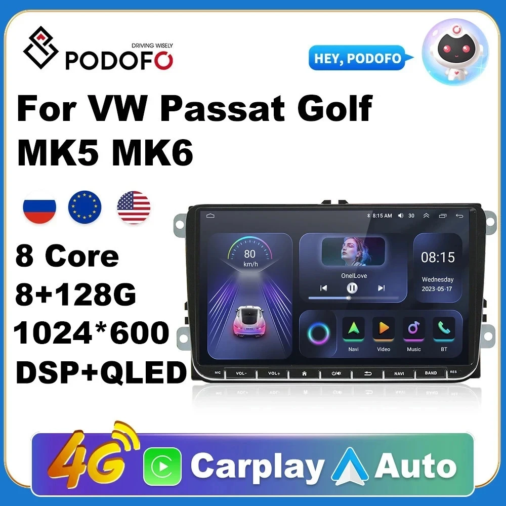 

Podofo 2 Din Android 11 Car Radio 9'' GPS With Carplay For VW/Volkswagen Passat Golf MK5 MK6 Jetta EOS POLO Touran Seat Sharan