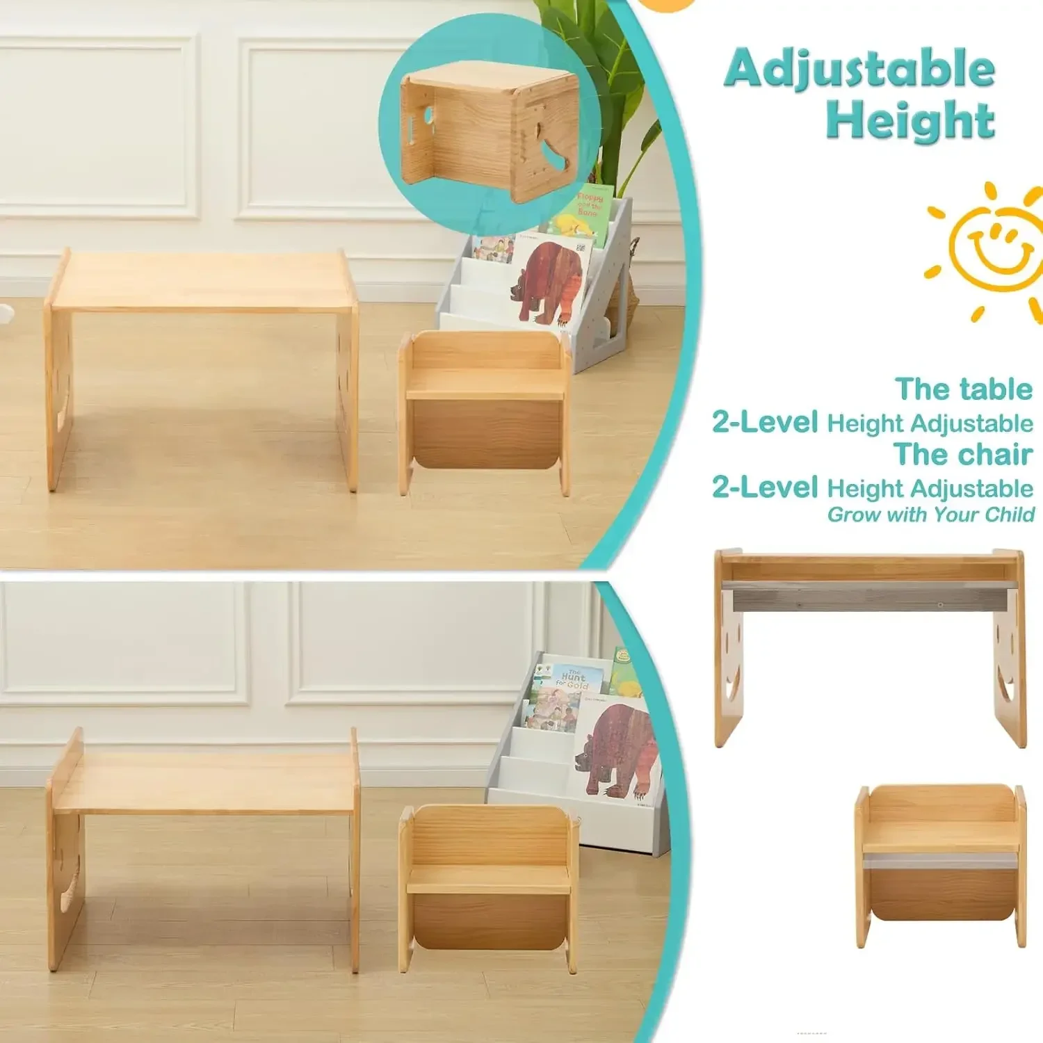 Height Adjustable Montessori Weaning Table and Chair Set for Age 1-3, Quality Solid Wood Toddler Table and 2 Chairs, Kids Table
