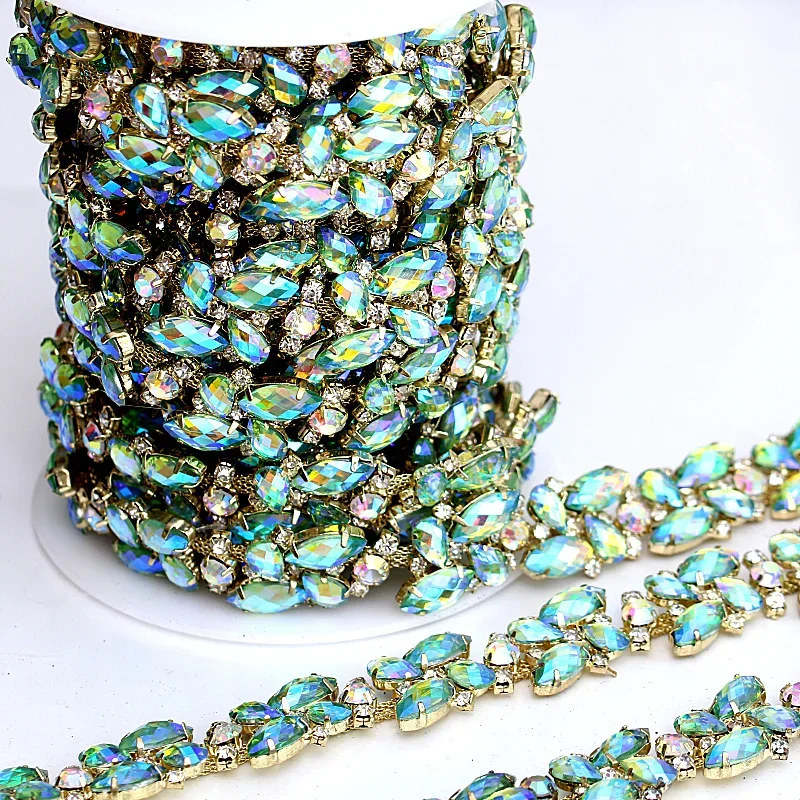 20mm 1 Yard Green AB Color Glass Strass Rhinestones Cup Chain Claw Chain Rhinestones Trimming For Garment Accessories Y2316