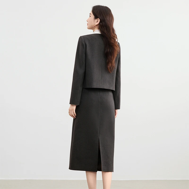SENTUBILA Women's Matching Suits Long Sleeve Short Jacket Straight Long Skirt Winter 2026 Solid Two-piece Set Female 154ZA3108