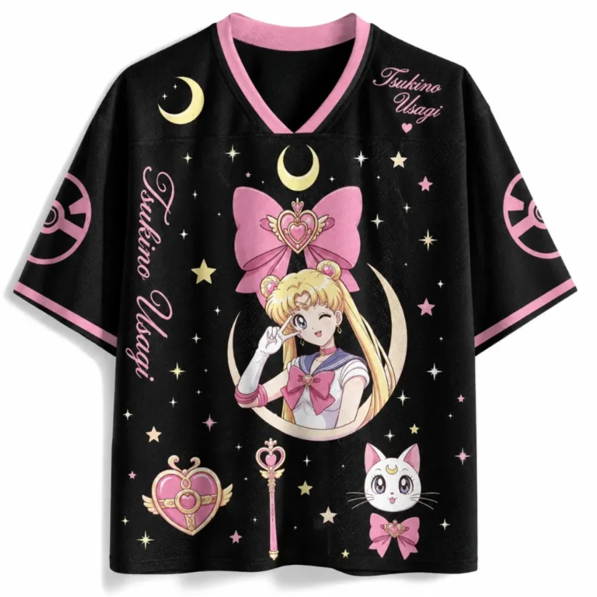 Pretty Girl Warrior Moonlight Rabbit V-neck Breathable Mesh Cute Anime Character Star Moon Pattern Fan Street Style Top