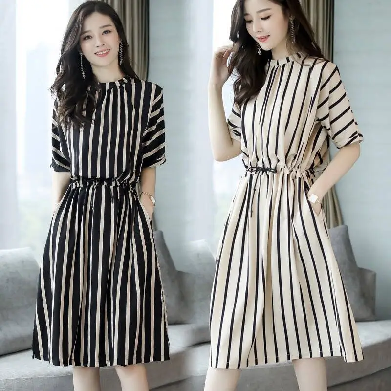 Temperament Lacing Ladies Dresses Summer New Short Sleeve O-Neck All-match Striped Loose Midi Dress Fashion Casual Women Clothes