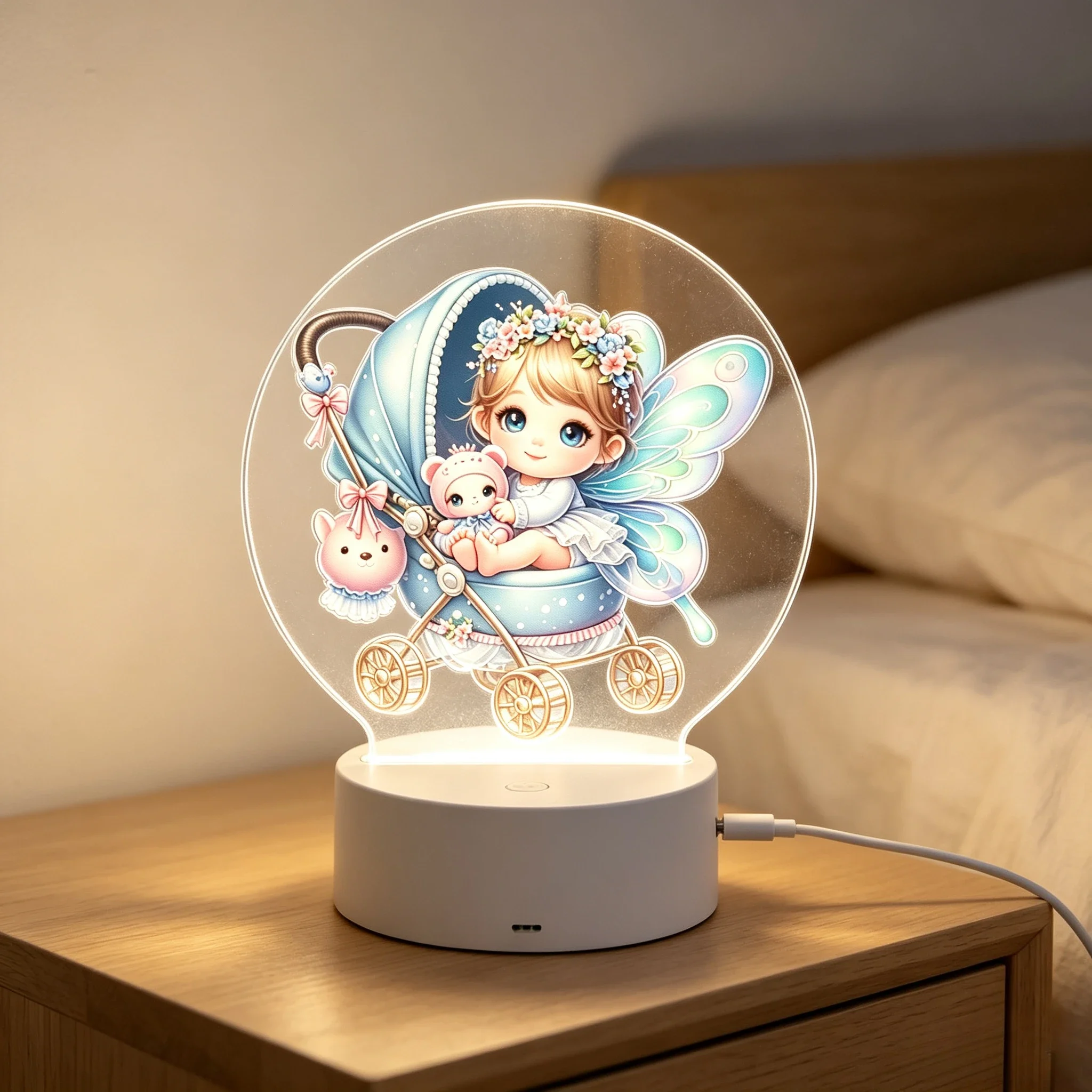 USB Charging Sweet Winged Fairy & Stroller Pattern Acrylic 3D Desktop Atmosphere Light