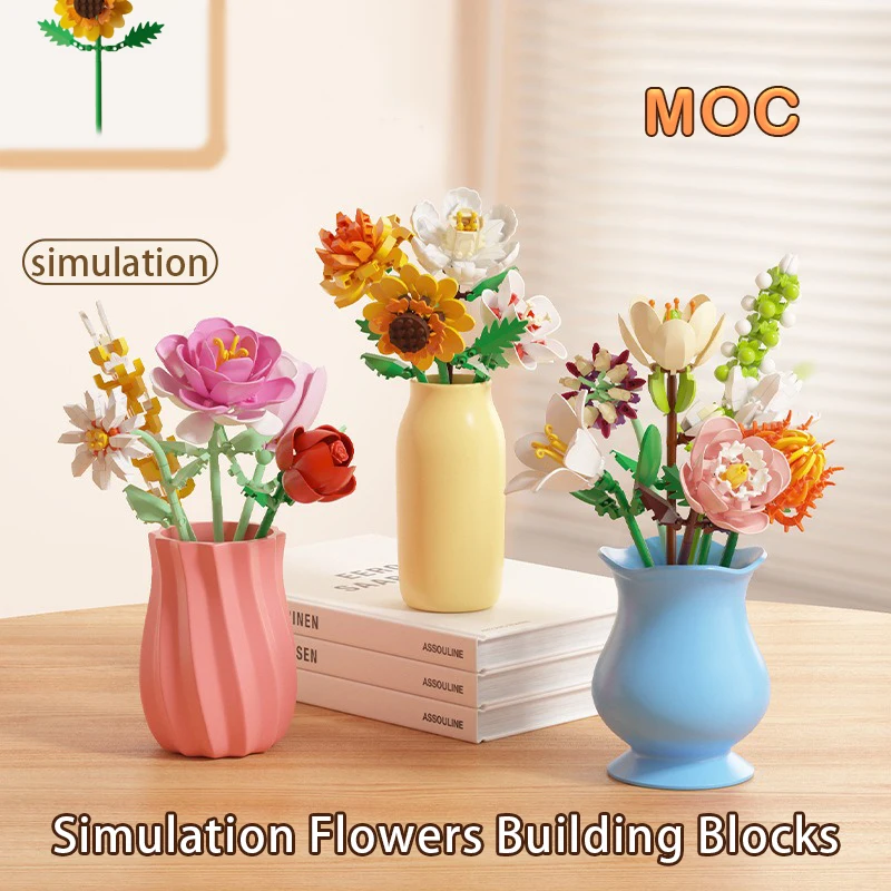 

Simulation Flowers Building Blocks Rose Sunflower Jasmine Assembly Model Ornaments MOC Technical Bricks for Valentine's Day Gift