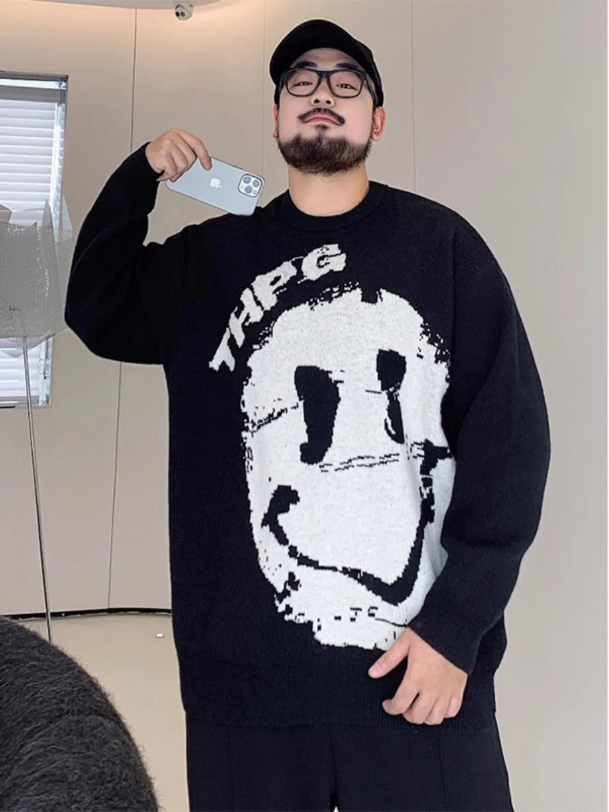 

Trendy Autumn Winter Knitted Sweater for Men with Face Embroidery Loose Fit plus Size Casual Versatile Fat Guy's Sweater
