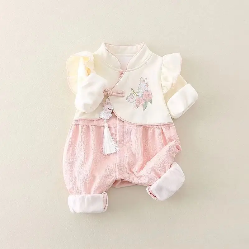 Newborn baby clothes Autumn clothes Baby girl onesie National style Hanfu One year old embroidered  Romper climbing clothes