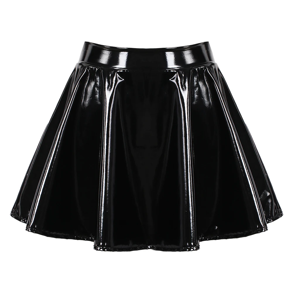 

Glossy Patent Leather Flared Miniskirt for Women Dance Performance Skirt Clubwear Elastic Waistband Retro Style