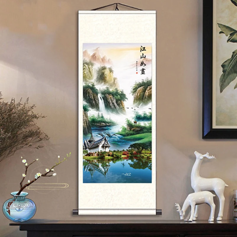 Asian Landscape Mountain Waterfall Painting, Wall Art, Hanging Painting, Scroll, Living Room, Feng Shui Decoration