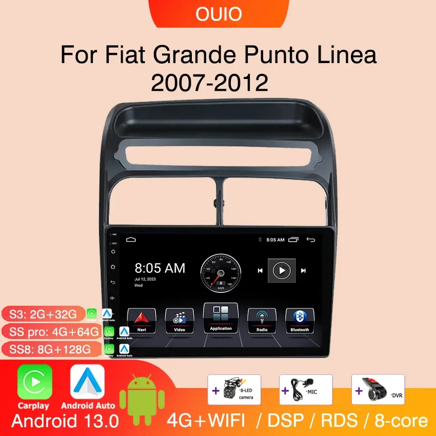 8GB+128GB Android 13 Radio For Fiat Grande Punto Linea 2007-2012 Car stereo Multimedia Player Carplay Auto GPS navigation 2DIN