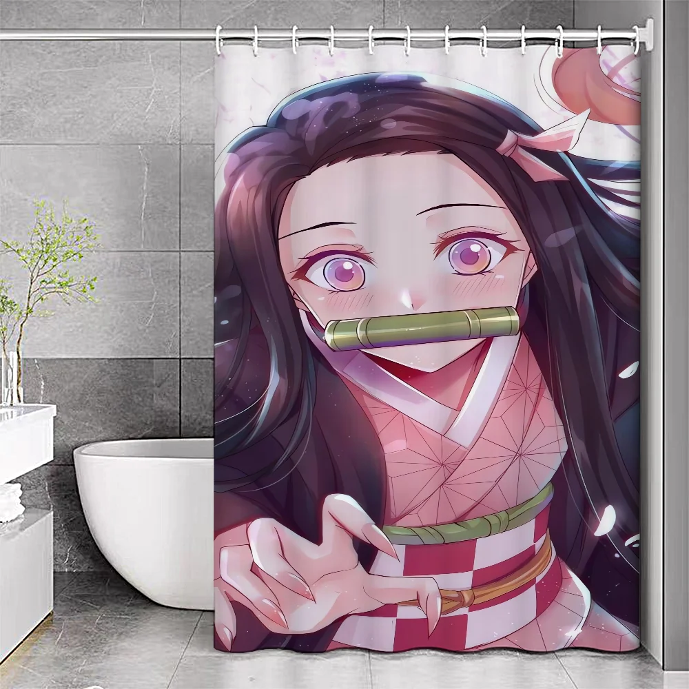 Kawaii Anime Girl Demon Slayer Nezuko Bath Curtain Pink Sakura Shower Curtains Bathroom Decoration Shower Curtain With Hooks